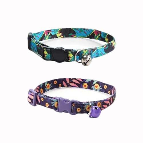 Starkes Nylon-Katzenhalsband mit bunt bedruckten Mustern, leichtes Kätzchenhalsband mit Schnellverschluss-Clip und Glöckchen, verstellbar 15–30 cm, 2 Stück (Bildfarbe 3, geeignet für Schals von 15–30 von chichenshangwu