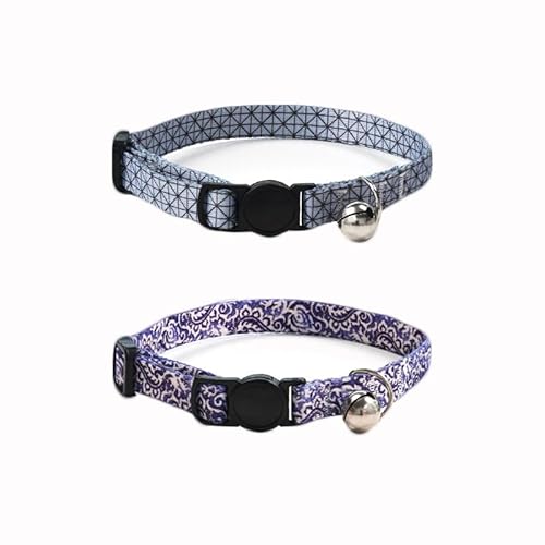 Starkes Nylon-Katzenhalsband mit bunt bedruckten Mustern, leichtes Kätzchenhalsband mit Schnellverschluss-Clip und Glöckchen, verstellbar 15–30 cm, 2 Stück (Bildfarbe 6, geeignet für Schals von 15–30 von chichenshangwu
