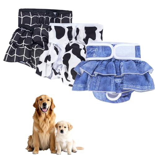 Waschbare Hundewindeln, weiblich, wiederverwendbar, für Hündinnen, für Wärmezyklus, Inkontinenz (Black Grid/Cow/Cowboy, XS, Gramm, 3) von chichenshangwu