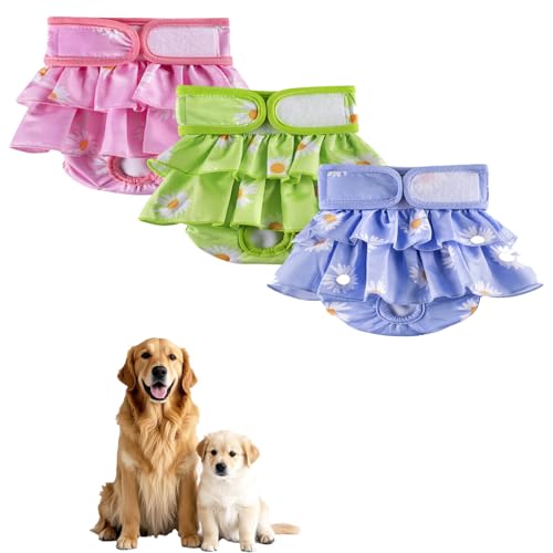 Waschbare Hundewindeln für Hündinnen, wiederverwendbare Hundewindeln, für Hündinnen bei Hitzezyklus, Inkontinenz (Chrysanthemen-Pnk/Grün/Violett, XL, 3,0 Stück) von chichenshangwu