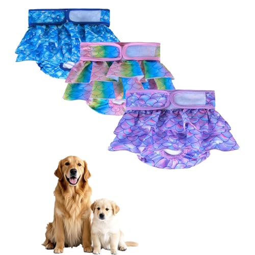 Waschbare Hundewindeln für Hündinnen, wiederverwendbare Hundewindeln, für Hündinnen bei Hitzezyklus, Inkontinenz (Meerjungfrauenblau/Rosa/Lila, XL, 3,0 Stück) von chichenshangwu