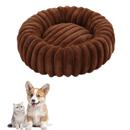 chichenshangwu Donut Hundebett für kleine und mittelgroße Hunde, waschbares Kunstfell mit Cord-Fleece und rutschfester Unterseite, rundes Haustierbett mit abnehmbarem Bezug, Braun, L-80 cm von chichenshangwu