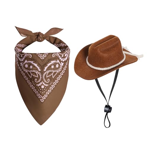 choyaxo Cowboyhut für Hunde, Cowboy-Kostüm für kleine Haustiere, Hunde, Katzen, Cowboyhut mit Bandana, Schal, Party-Zubehör (braun) von choyaxo