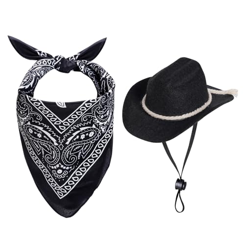 choyaxo Cowboyhut für Hunde, Cowboy-Kostüm für kleine Haustiere, Hunde, Katzen, Cowboyhut mit Bandana, Schal, Partyzubehör (schwarz) von choyaxo