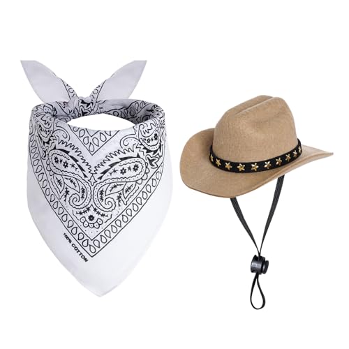 choyaxo Halloween-Kostüme für Hunde und Katzen, Cowboy-Kostüm, Cowboyhut mit Bandana-Set für Halloween, Weihnachten, Urlaub, Party, Cosplay (Khaki, klein) von choyaxo