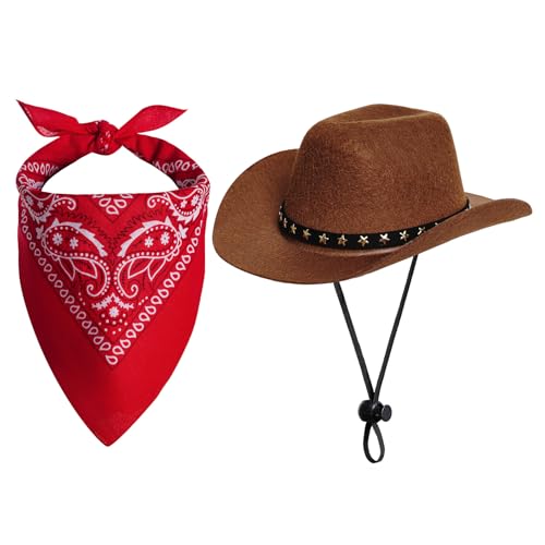choyaxo Halloween-Kostüme für Hunde und Katzen, Cowboy-Kostüm, Cowboyhut mit Bandana-Set für Halloween, Weihnachten, Urlaub, Party, Cosplay (braun, groß) von choyaxo