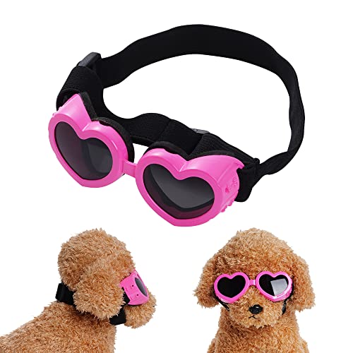 choyaxo Hundesonnenbrille für kleine Rassen, UV-Schutz, Herzform, Hundesonnenbrille mit verstellbarem Riemen, winddicht, Anti-Beschlag-Sonnenbrille, Motorrad-Hundebrille für kleine Hunde (Rosa) von choyaxo