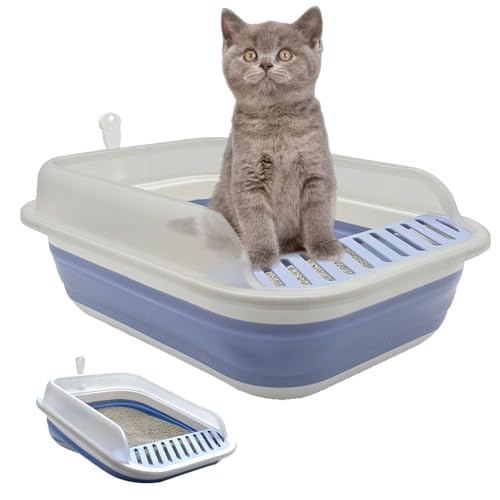 Zusammenklappbare Kätzchentoilette, offene kleine Katzentoilette mit hoher Seite, flache Kätzchentoilette, spritzwasserfest, niedriger Einstieg, Reise-Klo mit fallendem Sandpedal von chuyouan
