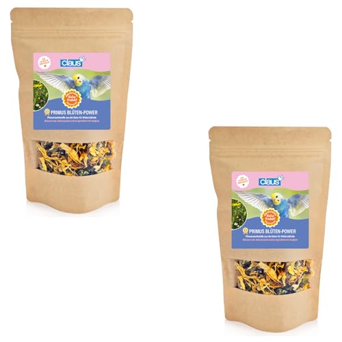 Claus Primus BLÜTEN-Power | Doppelpack | 2 x 30 g | Ergänzungsfutter für Ziervögel | 8 Heilpflanzen-Blüten | Für Sittiche, Papageien & Wellensittiche geeignet | Mehr Vitalität von claus