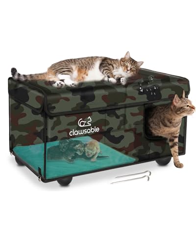 Unzerstörbares Katzenhaus für Outdoor-Katzen im Winter, extrem wasserdicht, vollständig isoliert und erhöht, Wildkatzenhaus für streunende Scheunenkatzen (Camo Green, Large) von clawsable