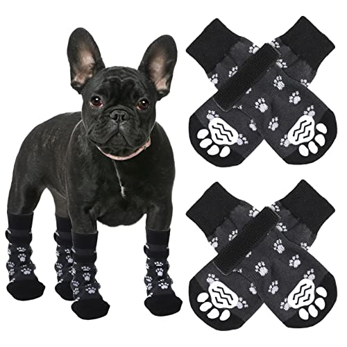 cobee Anti Rutsch Hundesocken, 4 Stück, weiche Hundegriffsocken mit Riemen Traktionskontrolle Verstellbarer Pfotenschutz für kleine und mittelgroße Hunde (Größe L, Schwarz) von cobee