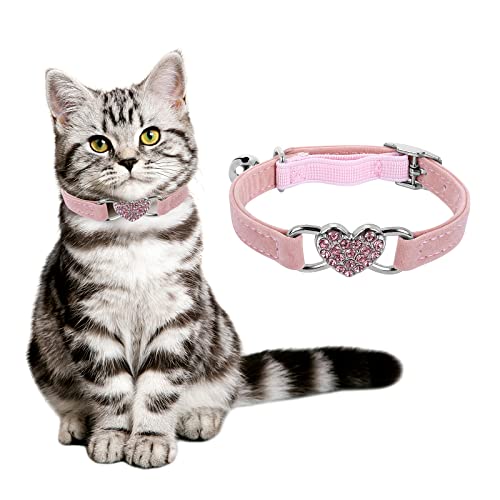 cobee Bling Heart Katzenhalsband mit Glocke, verstellbares Kätzchenhalsband mit Sicherheitsgurt, Strass Haustierhalsband für kleine Katzen und Hunde (Rosa) (Rosa) von cobee