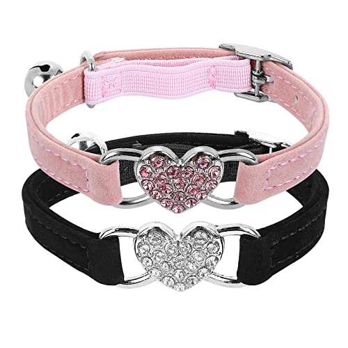 cobee Bling Heart Katzenhalsband mit Glocke, verstellbares Kätzchenhalsband mit Sicherheitsgurt, Strass Haustierhalsband für kleine Katzen und Hunde (Rosa) (Schwarz+Rosa) von cobee