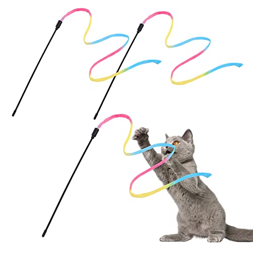 cobee Cat Zauberstab Regenbogenspielzeug, Kätzchen Stabspielzeug kleine Katze Regenbogen Schnur interaktives Band Stab für Katzentraining Katzenbeschwörer (3 Stück Regenbogentuch) von cobee