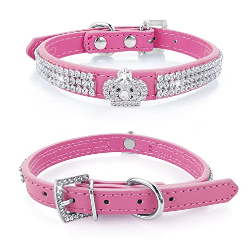 cobee Hundehalsband mit Strass, verstellbares Katzenhalsband Bling Pu Leder Welpenhalsband Kristall Haustierhalsbänder für kleine Hunde Katzen Halsbandzubehör(Rosenrot) von Cobee