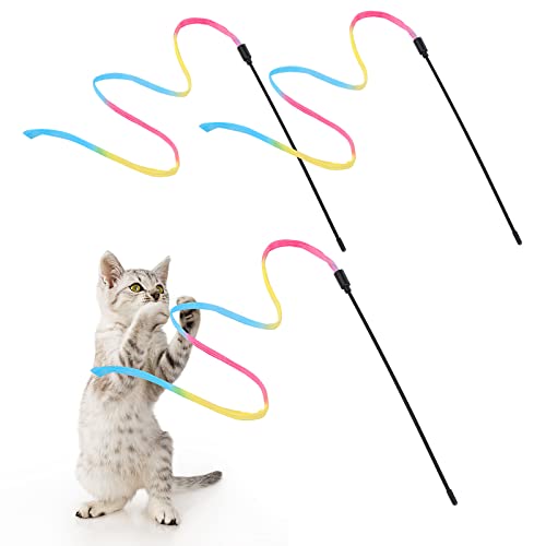 cobee Interaktiver Zauberstab für Katzen, Regenbogen Zauberstab für Katzen Spielzeug Katzenbeschwörer Schnur Kätzchen Band Spielzeug Bandbeschwörer für das Spielen von(3 Stück, 30cm) von cobee