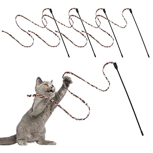 cobee Katzenspielzeug, Interaktiver Zauberstab für Katzen Leopardenmuster Katzenzauberstab Schnur Kätzchen Band Spielzeug Interaktives Katzenspielzeug Katzenfänger Zauberstäbe (5 Stück, 30 cm) von cobee