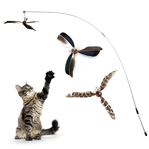 Cobee Katzenspielzeug, Interaktives Katzenspielzeug mit 2 Federn Nachfüllungen Katzenfeder Propeller Zauberstab Spielzeug mit Glocke Katzenfeder Spielzeug Ersatznachfüllungen Indoor Katzenschnu von Cobee