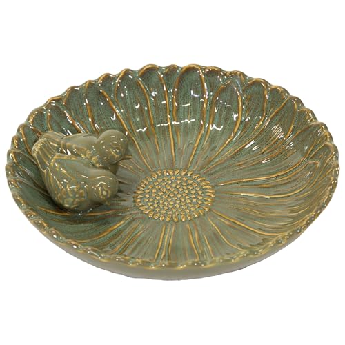 colourliving Keramik Vogeltränke „Royal“, rund, Ø 28 cm, glasiert, mit Deko-Vögeln, Stilvolle Wasserschale für den Garten – dekorativ, wetterfest & liebevoll verarbeitet (Olive) von colourliving