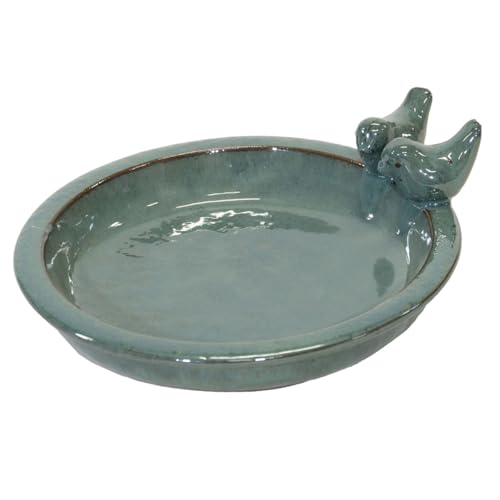 colourliving | Vogeltränke Winterfest rund 30 cm | Noble Keramik glasiert | Vogelbad mit 2 Deko Vögel | Vobelbecken Garten (Moos Grün) von colourliving