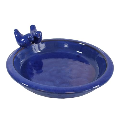colourliving | Vogeltränke Winterfest rund 30 cm | Noble Keramik glasiert | Vogelbad mit 2 Deko Vögel | Vobelbecken Garten (blau) von colourliving