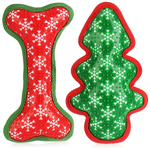 com-four® 2X Hundespielzeug Tannenbaum und Knochen - weiches Kauspielzeug - Quietschspielzeug-Puppe aus Stoff - Heimtierbedarf Beißspielzeug [Auswahl variiert] (2 Stück - Noppen - Knochen + Tanne) von com-four