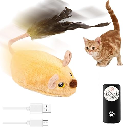 Elektrisch Spielmaus, 2025 Neu Interaktives Katzenspielzeug Maus mit Federschwanz, Magic Maus Katze Interaktives Spielzeug für Katzen Selbstbeschäftigung USB Spielmaus mit Fernbedienung (Gelb) von comepew