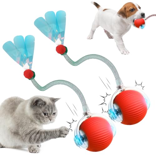 comepew Katzenspielzeug Elektrisch, 2025 Neu Chewie Rolling Ball, Katzenspielzeug Selbstbeschäftigung Interaktives Katzenspielzeug mit Libellenschwanz Unregelmäßige Bewegung Rollender Ball (Rot*2) von comepew