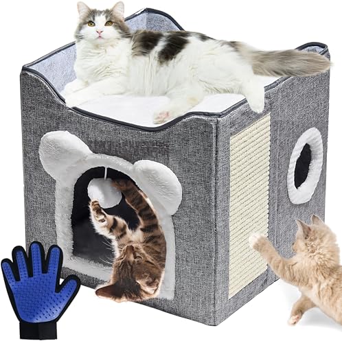cometrade Katzenhöhle, Katzenhaus, faltbar, mit Terrasse, flauschigem Spielball und Kratzbrett inkl. Fellpflegehandschuh für Katze & Hund (39 x 39 x 39 cm hellgrau) von cometrade