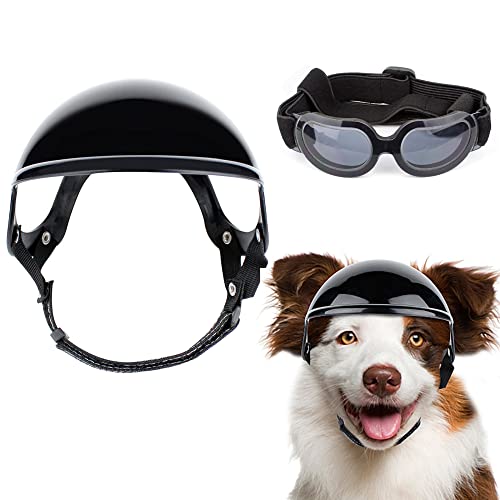 condinggen 2 Stück Haustier Hund Helm Goggles Set, UV-Schutz Sonnenbrille Motorrad Sicherheit Hut mit verstellbarem Gürtel für Augen Kopfschutz für Hunde und Katzen von condinggen