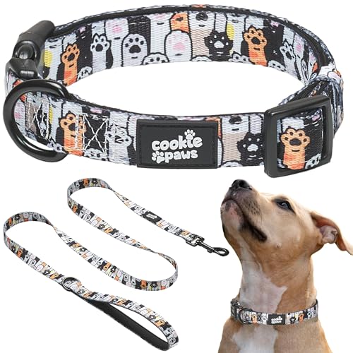Cookie Paws Hundehalsband und Leine, weiches Neopren, gepolstert, Set für große Hunde, bequem, verstellbar, Schnellverschluss, langlebig, atmungsaktiv, leicht zu reinigen, niedlich, ausgefallen, von cookie paws