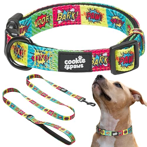 Cookie Paws Hundehalsband und Leine, weiches Neopren, gepolstert, bequem, stilvoll, langlebig und vielseitig, Cartoon, Größe M von cookie paws