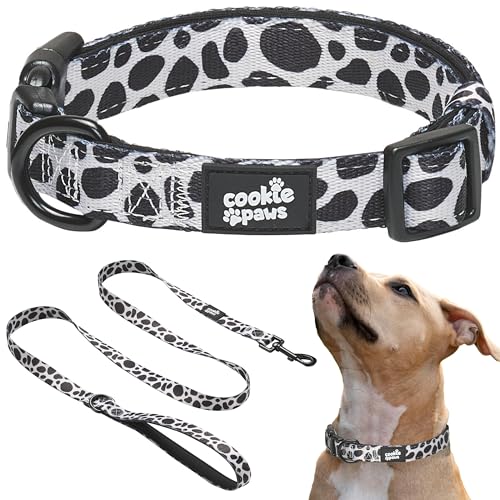 Cookie Paws Hundehalsband und Leine, weiches Neopren, gepolstert, bequem, stilvoll, langlebig und vielseitig, Kuhmuster, Größe S von cookie paws