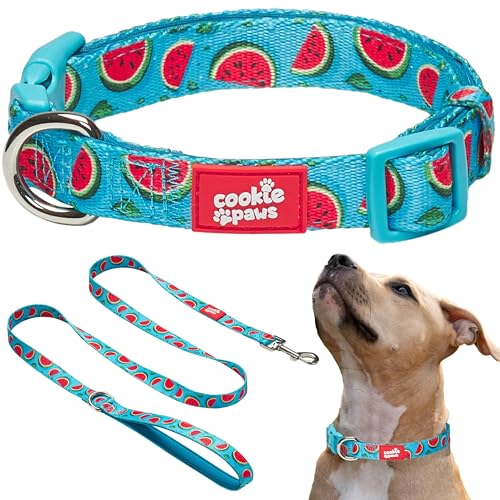 Cookie Paws Hundehalsband und Leine, weiches Neopren, gepolstert, bequem, stilvoll, langlebig und vielseitig, Wassermelone, Größe L von cookie paws