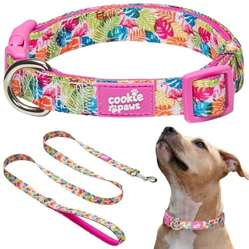 Cookie Paws Hundehalsband und Leine, weiches Neopren, gepolstert, bequem, stilvoll, langlebig und vielseitig, tropisch, Größe L von cookie paws