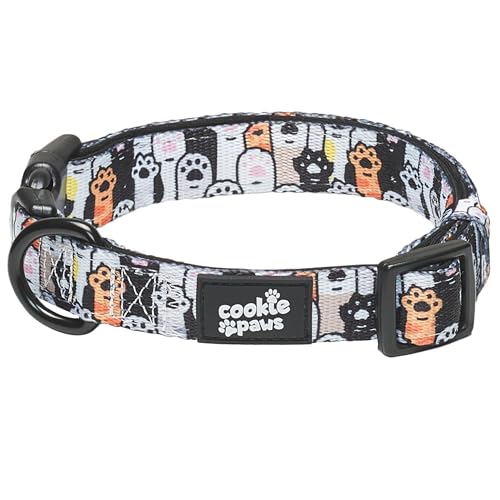 Cookie Paws Weiches Neopren-gepolstertes Hundehalsband für große Hunde, bequem, verstellbar, Schnellverschluss, langlebig, atmungsaktiv, leicht zu reinigen, niedlich, schick, Pfoten, Schwarz / Weiß von cookie paws