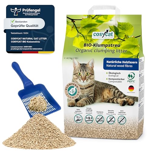 COSYCAT Klumpendes Bio-Katzenstreu aus Holz [100% Natürlich] – in der Toilette entsorgbar – Klumpstreu pflanzlich - Holzstreu (FEIN, 10 l (1 x 10 l)) von cosycat NATURAL CAT LITTER