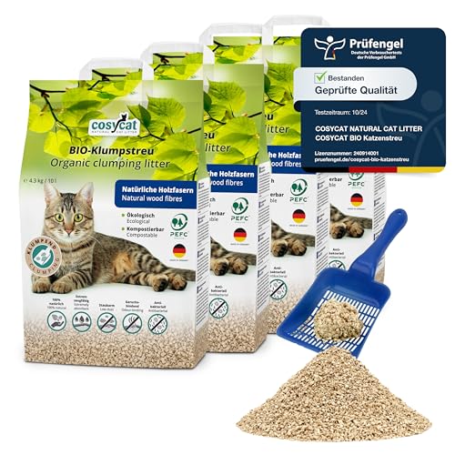 COSYCAT Klumpendes Bio-Katzenstreu aus Holz [100% Natürlich] – in der Toilette entsorgbar – Klumpstreu pflanzlich - Holzstreu (FEIN, 40 l (4 x 10 l)) von cosycat NATURAL CAT LITTER