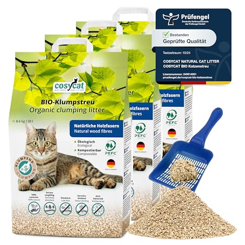 COSYCAT Klumpendes Bio-Katzenstreu aus Holz [100% Natürlich] – in der Toilette entsorgbar – Klumpstreu pflanzlich - Holzstreu (FEIN, 60 l (3 x 20 l)) von cosycat NATURAL CAT LITTER