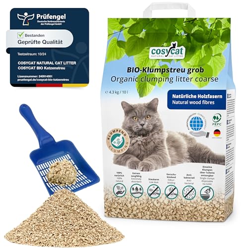 COSYCAT Klumpendes Bio-Katzenstreu aus Holz [100% Natürlich] – in der Toilette entsorgbar – Klumpstreu pflanzlich - Holzstreu (GROB, 10 l (1 x 10 l)) von cosycat NATURAL CAT LITTER