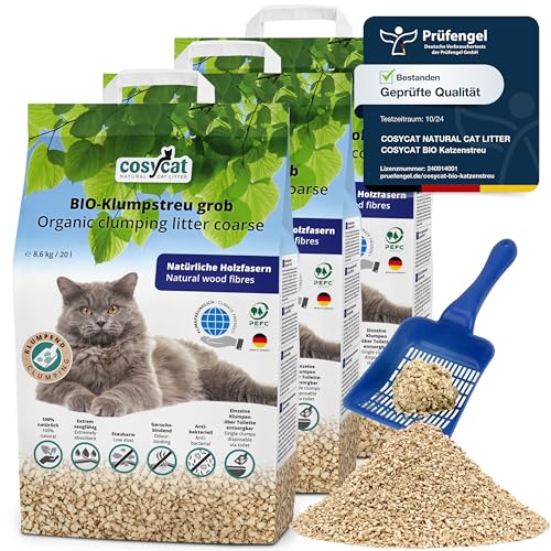 COSYCAT Klumpendes Bio-Katzenstreu aus Holz [100% Natürlich] – in der Toilette entsorgbar – Klumpstreu pflanzlich - Holzstreu (GROB, 60 l (3 x 20 l)) von cosycat NATURAL CAT LITTER