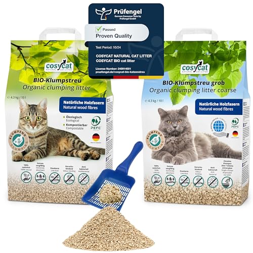 COSYCAT Klumpendes Bio-Katzenstreu aus Holz [100% Natürlich] – in der Toilette entsorgbar – Klumpstreu pflanzlich - Holzstreu (Mix FEIN + GROB, 20 l (10 l + 10 l)) von cosycat NATURAL CAT LITTER