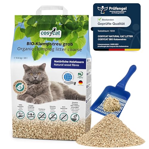 COSYCAT Klumpendes Bio-Katzenstreu aus Holz [100% Natürlich] – GROB - 20 l - in der Toilette entsorgbar – Klumpstreu pflanzlich - Holzstreu von cosycat NATURAL CAT LITTER