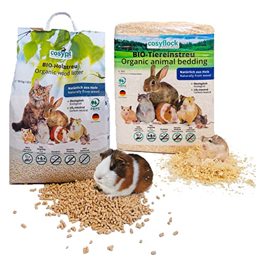 COSYPET Einstreu Pellets für Kaninchen, Hamster und Nager [100% Bio + Natürlich] – saugstark + geruchsbindend – Nicht klumpende Holzstreu (Einstreu Set, 10 kg Pellets + 3,2 kg Flocken) von cosypet NATURAL LITTER