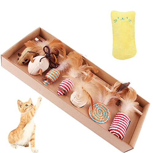 croselyu Katzenspielzeug Feder, Interaktives Katzenspielzeug Set | 5 natürliche Holzstäbchen, 5 verschiedene Plüschtiere, natürliche Federn, Plüschtiere und elastisches Seil (rosa) von croselyu