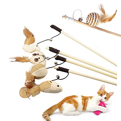 croselyu Katzenspielzeugfeder, Interaktives Katzenspielzeugset | 5 Natürliche Holzstäbchen, 5 Verschiedene Plüschtiere, Natürliche Federn, Plüschtiere und Elastisches Seil von croselyu