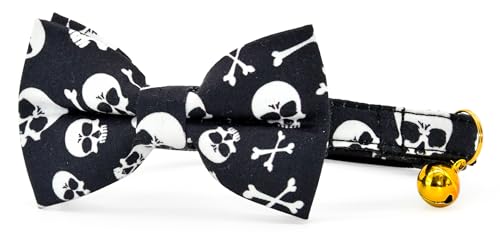 Schwarze Katzen-Fliege mit Totenköpfen und gekreuzten Knochen, Sicherheits-Kätzchen-Halsband, gruseliges Halloween, Katzenzubehör, Größe XS (20,3 cm – 33 cm) von csspet