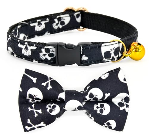 Schwarze Katzen-Fliege mit Totenköpfen und gekreuzten Knochen, Sicherheits-Kätzchen-Halsband, gruseliges Halloween, Katzenzubehör, Größe XS (20,3 cm – 33 cm) von csspet