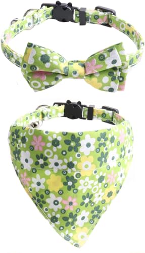 csvbx Katzenhalsband, mit Glöckchen, abnehmbarer Blume, Fliege und Sicherheitsschnalle, verstellbar, 17 cm - 27,9 cm, Grün, 2 Stück von csvbx
