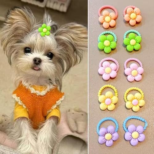 10 Stück (5 Farben) Hundehaar, Sonnenblumen, kleine Hundehaar-Accessoires, Schleife, Gummiband, Hunde-Kopfschmuck, für langes Haar, Haustiere, Hunde, Katzen, Welpen von cuhair